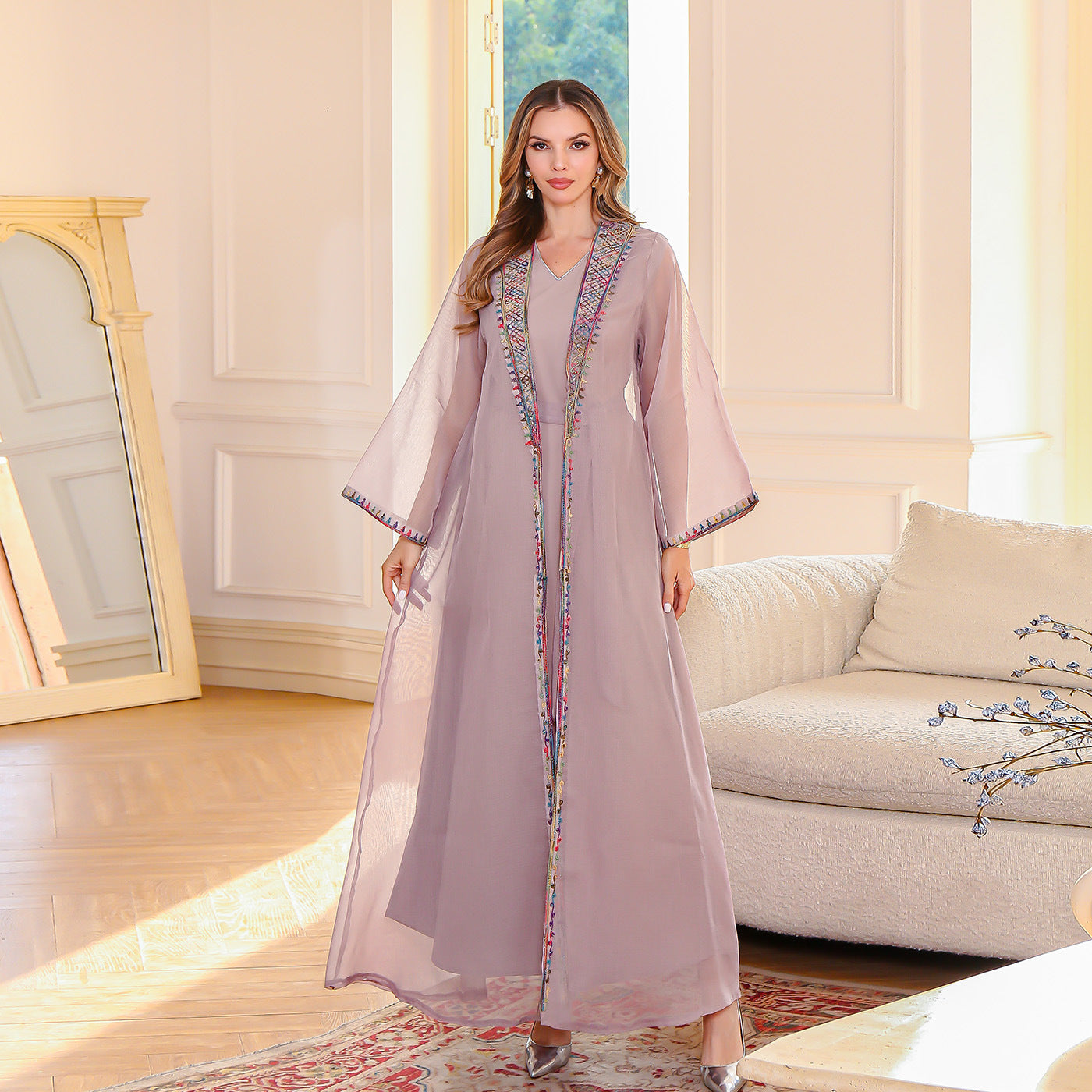 Muslim elegant two-piece dress, Middle Eastern embroidered mesh long group abaya women's robe wholesale 