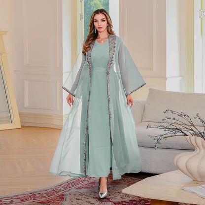 Muslim elegant two-piece dress, Middle Eastern embroidered mesh long group abaya women's robe wholesale 