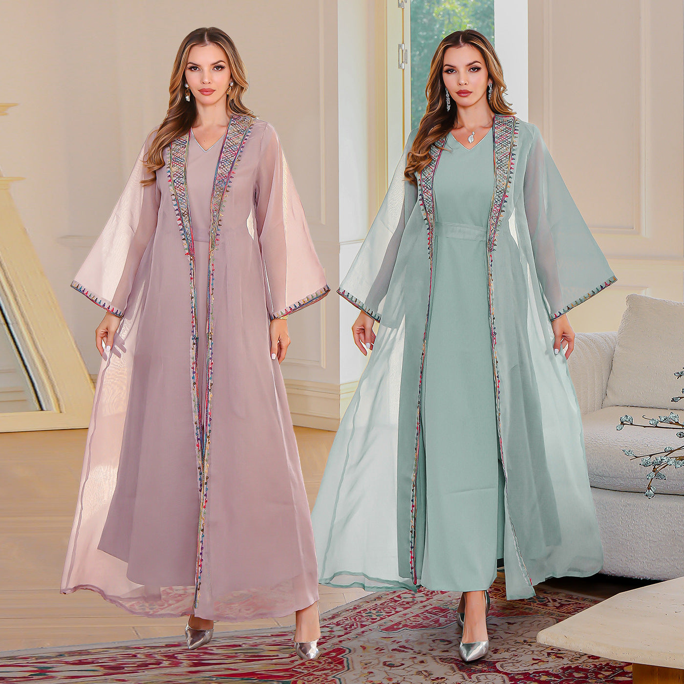 Muslim elegant two-piece dress, Middle Eastern embroidered mesh long group abaya women's robe wholesale 