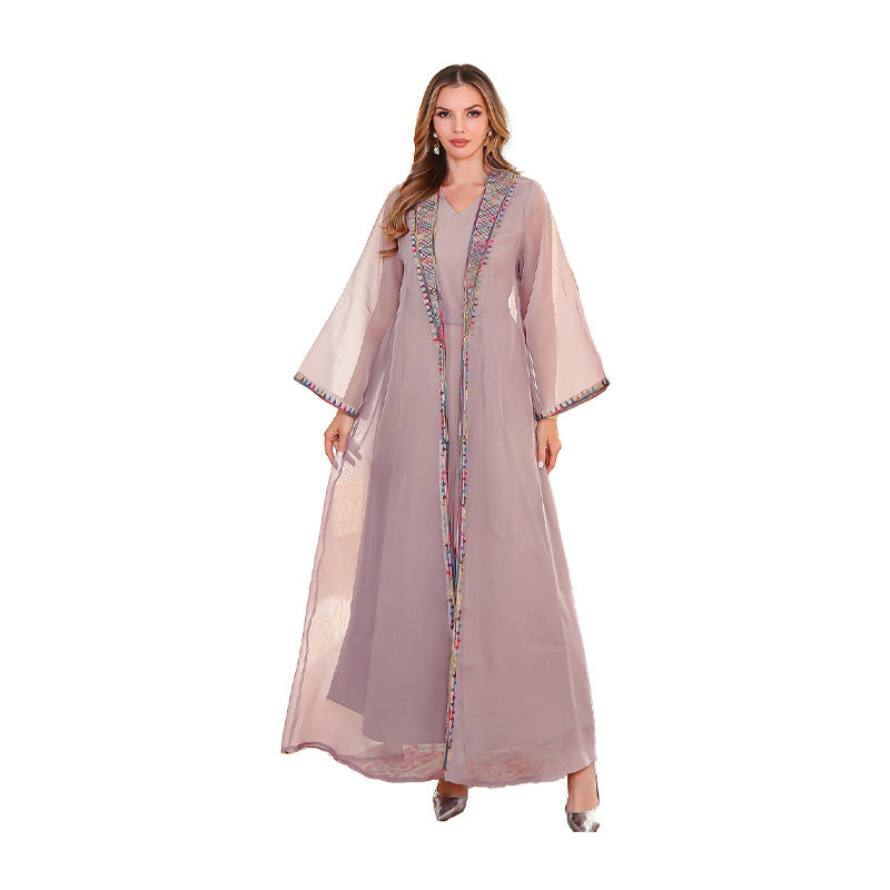 Muslim elegant two-piece dress, Middle Eastern embroidered mesh long group abaya women's robe wholesale