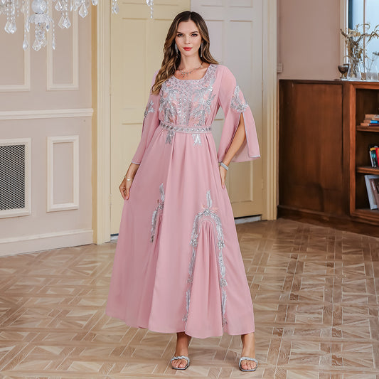 OME Elegant Muslim Dress with Belt, Long Sleeve Crew Neck Embroidered Robe Middle East Dubai Dress