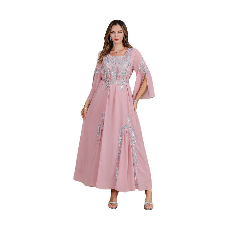 OME Elegant Muslim Dress with Belt, Long Sleeve Crew Neck Embroidered Robe Middle East Dubai Dress