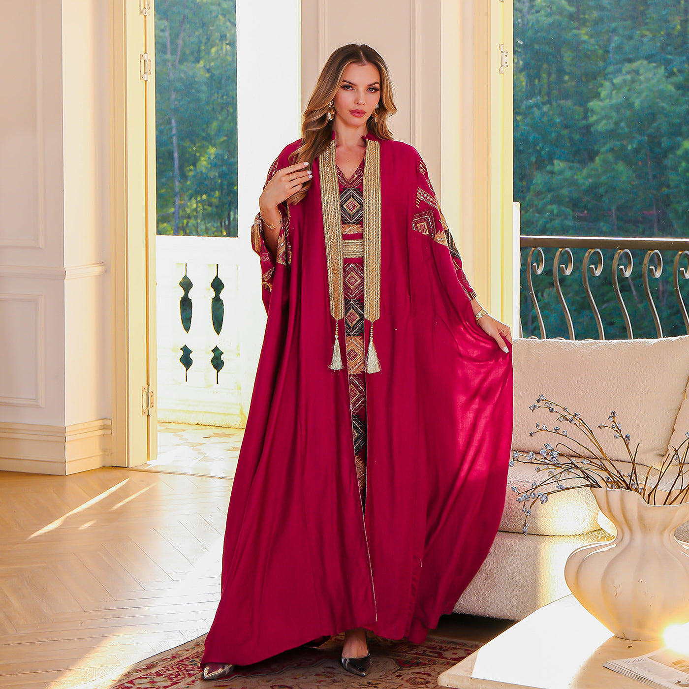 Cross-border INS Amazon Middle East Muslim embroidered robe abaya light luxury evening dress two-piece dress 