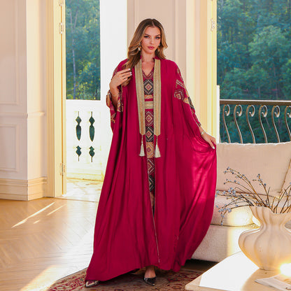 Cross-border INS Amazon Middle East Muslim embroidered robe abaya light luxury evening dress two-piece dress