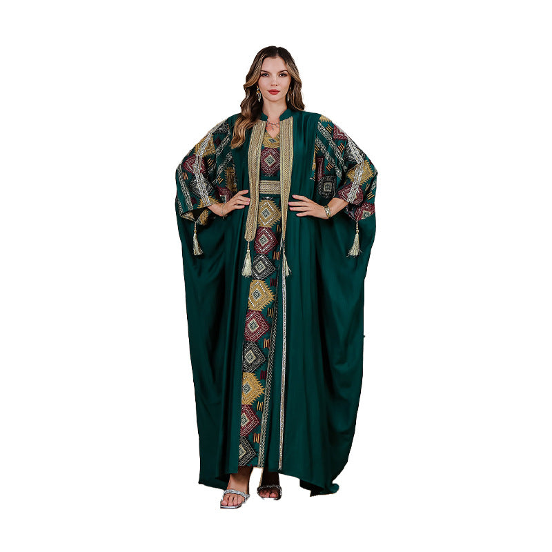 Cross-border INS Amazon Middle East Muslim embroidered robe abaya light luxury evening dress two-piece dress 