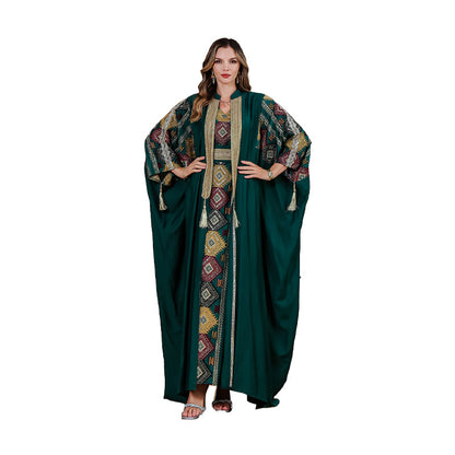 Cross-border INS Amazon Middle East Muslim embroidered robe abaya light luxury evening dress two-piece dress