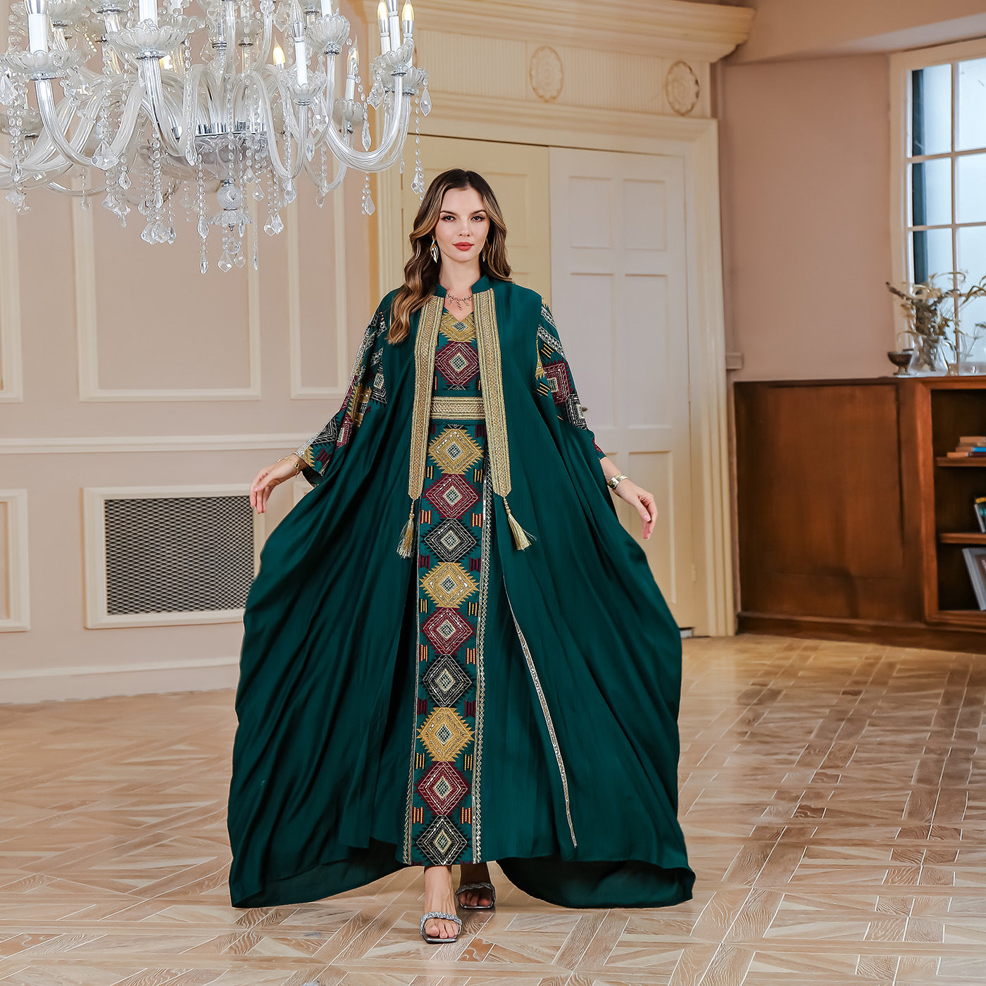 Cross-border INS Amazon Middle East Muslim embroidered robe abaya light luxury evening dress two-piece dress