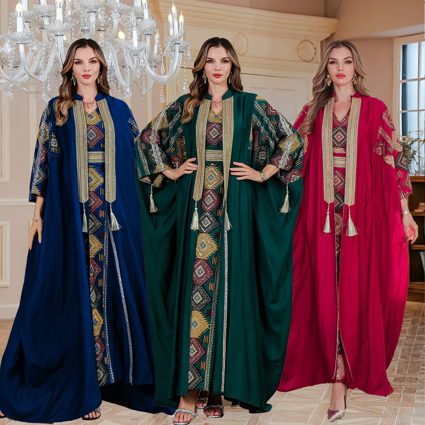 Cross-border INS Amazon Middle East Muslim embroidered robe abaya light luxury evening dress two-piece dress 