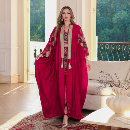 Cross-border INS Amazon Middle East Muslim embroidered robe abaya light luxury evening dress two-piece dress