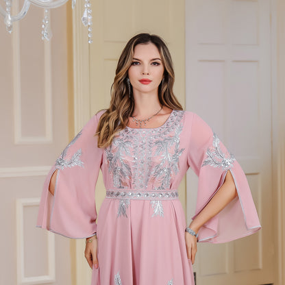 OME Elegant Muslim Dress with Belt, Long Sleeve Crew Neck Embroidered Robe Middle East Dubai Dress